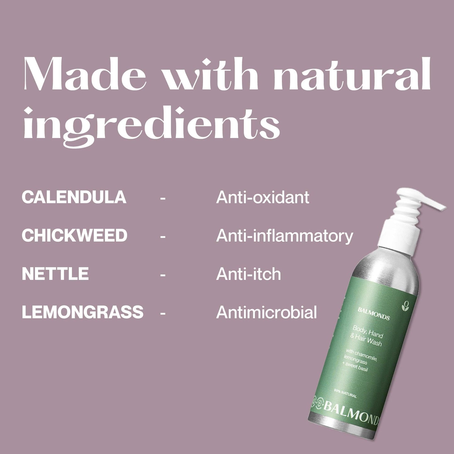 Balmonds Body, Hand & Hair Wash - 100% Natural Shampoo & Body Wash For Dry & Sensitive Skin, Soap Free, Vegan & Cruetly Free (7.1 oz)