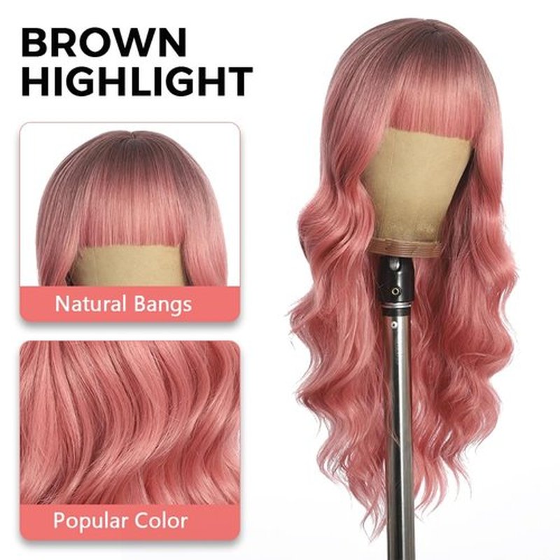 UNNYMGER Pink Wig with Bangs Long curly wavy Wig for Women Powder wig with Natural Black root wig skin-friendly synthetic fibersc for festival holiday Use 26IN