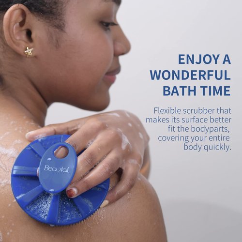 Silicone Body Scrubber Shower Bath Brush, More Hygienic Than Traditional Loofah, Lather Nicely, Long Lasting, Gentle Exfoliating for Women Men Baby Sensitive Skin, 1 Pack, Blue