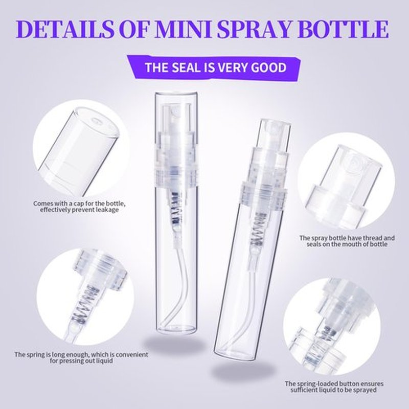 FANDAMEI 60PCS Mini Spray Bottle, 30PCS 3ml Mini Clear Plastic Spray Bottle Empty with 30PCS 5ml Fine Mist Refillable Mini Perfume Bottle. Small Empty Sample Containers Bottle. 3ml/5ml, 60 Pack, Clear