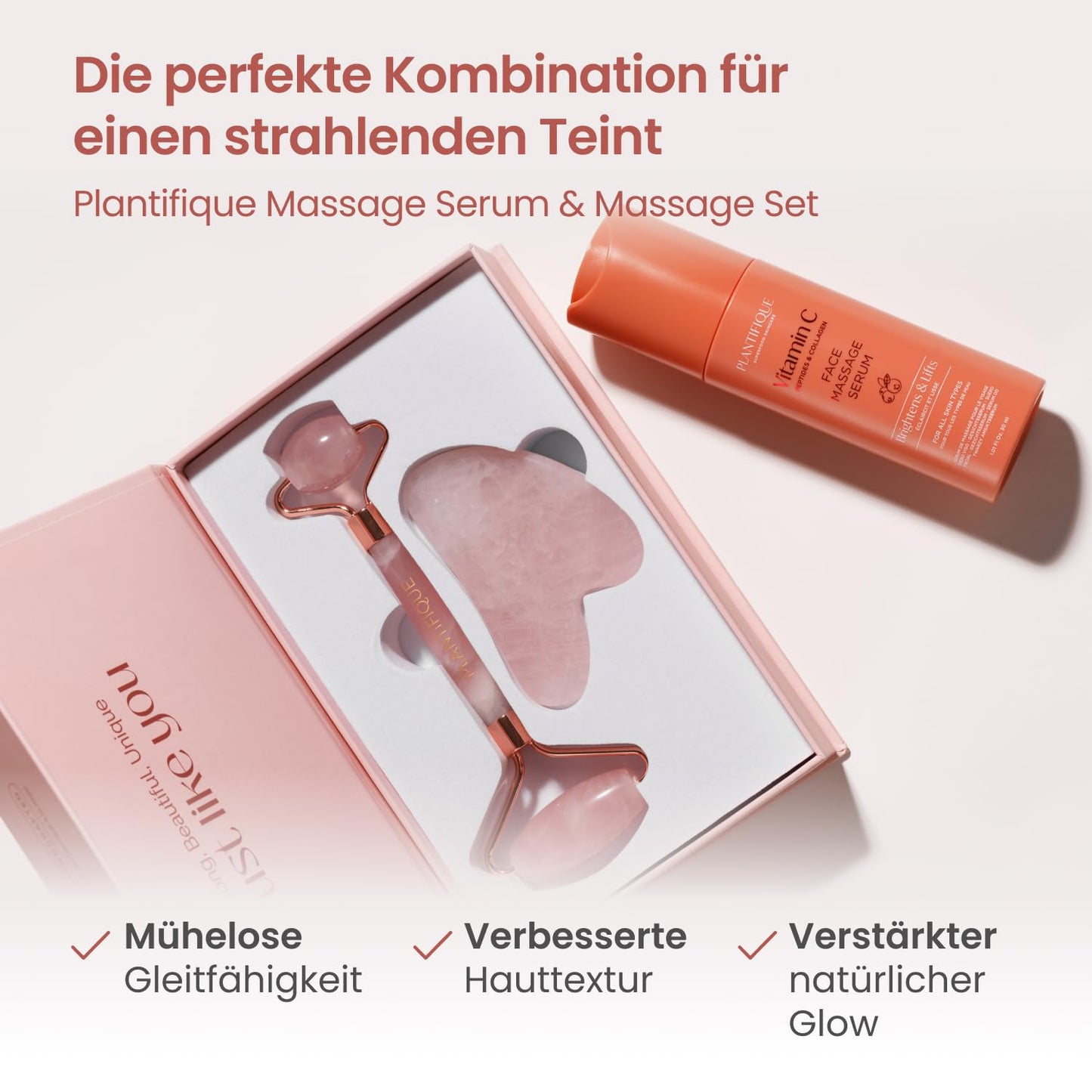 PLANTIFIQUE Jade Roller and Rose Quartz Face Roller with Gua Sha Facial Tools - Includes Real Roller and Gua Sha Set - Certified Face Roller and GuaSha for Your Skincare Routine