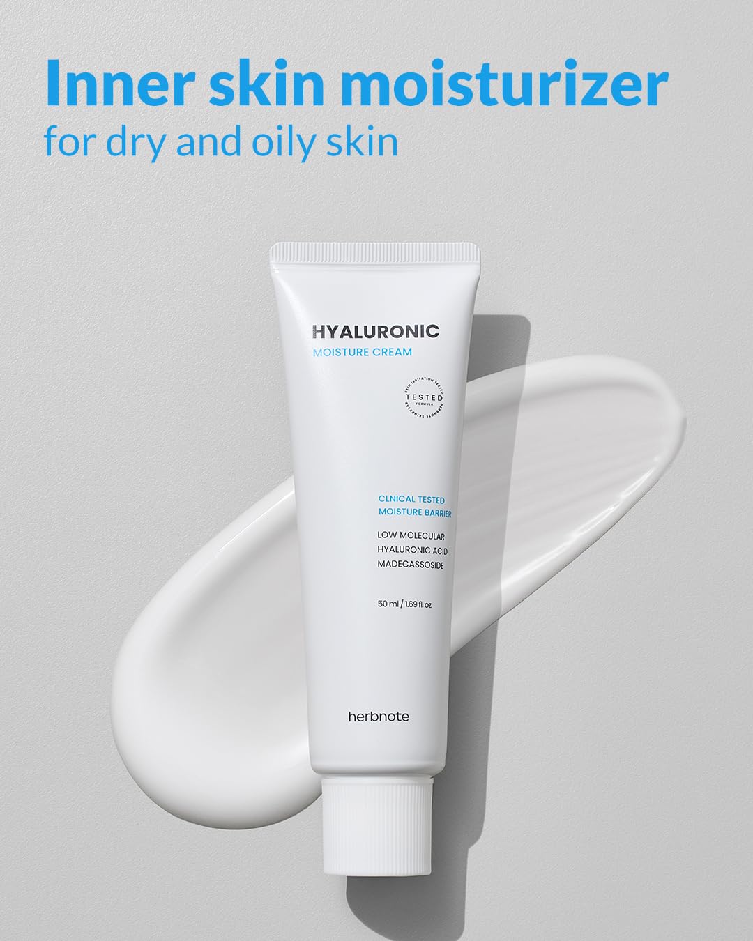 herbnote Low Molecular Hyaluronic Acid Moisture Cream - Gentle & Soothing Skin Protection with Barrier Care, Madecassoside, Centella Asiatica Extract for Sensitive & Damaged Skin, 1.69 oz.