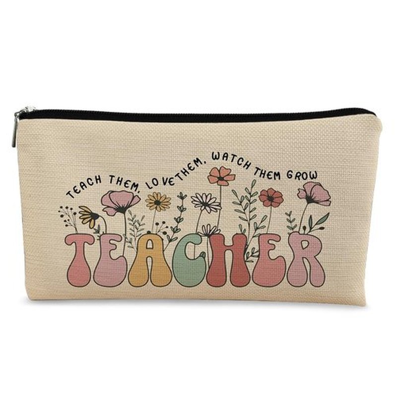 BARPERY Teacher Bag,Gifts For teacher Survival Kit,Teacher Must Haves, Retro Wildflowers Canvas Makeup Bag,Cosmetic Bag Zipper Travel Toiletry Bag
