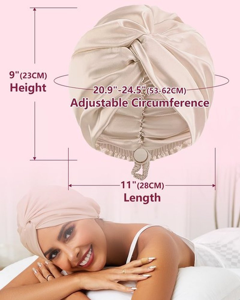 HFRHTGY Adjustable Silk Satin Hair Bonnet for Sleeping, Double Layer Hair Wrap Sleep Cap Turban for Women Men, Curly Straight Hair Long Large Braid Unisex (Royal Champagne)