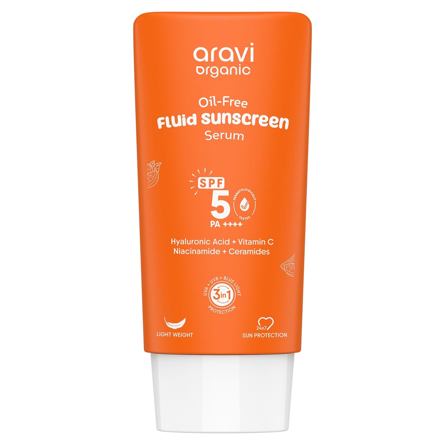 Aravi Organic Oil-Free Fluid Sunscreen SPF 50 PA++++, Face Sunscreen, Ultra-Light No White Cast, Mineral Sunblock, Reef Safe & Oxybenzone Free, Hyaluronic Acid & Vitamin C | 1.6 FL Oz