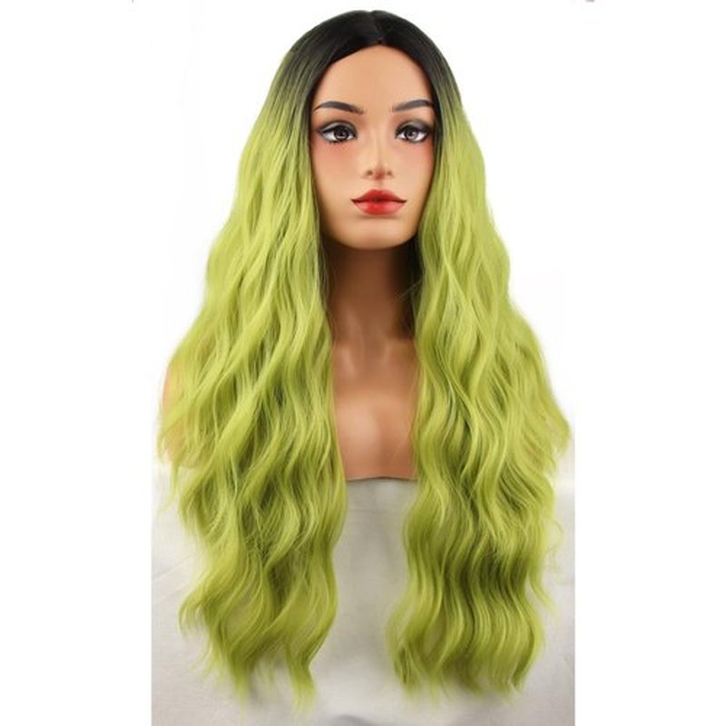 MAGQOO Matcha Green Wigs for Long Curly Wavy Green Wig with Bangs Dark Roots Synthetic Heat Resistant Cosplay Costume Wig Cap Included