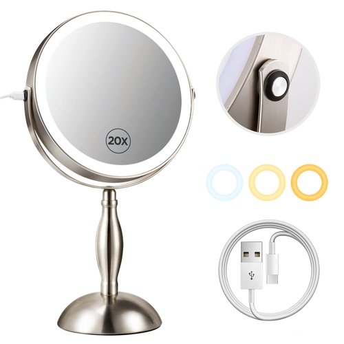 DASLAVA Large Lighted Makeup Mirror, 1X/20X Magnifying Mirror with 3 Color Dimmable Adjustable Mirror, Side Charging Port & SideTouch Sensor, 360° Rotation Double Sided Standing Desk Mirror