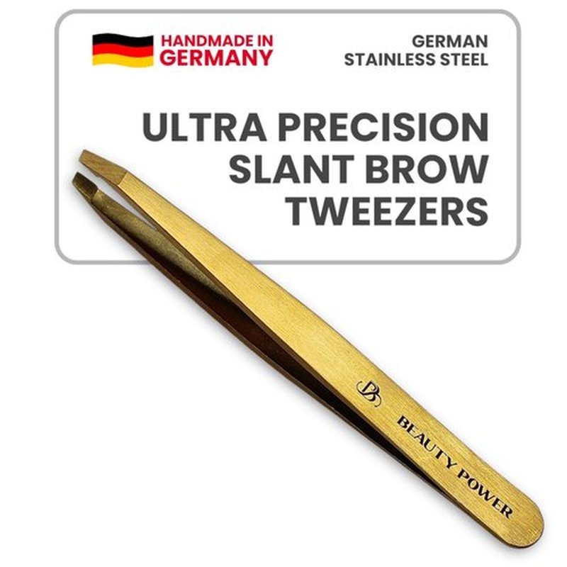 Beauty Power Professional Tweezers - Slant, Durable Lightweight German Stainless Steel, Ultra Precision Tweezers for Eyebrows, Facial Hair, Chin, and Ingrown Hair Removal (Matte Gold)