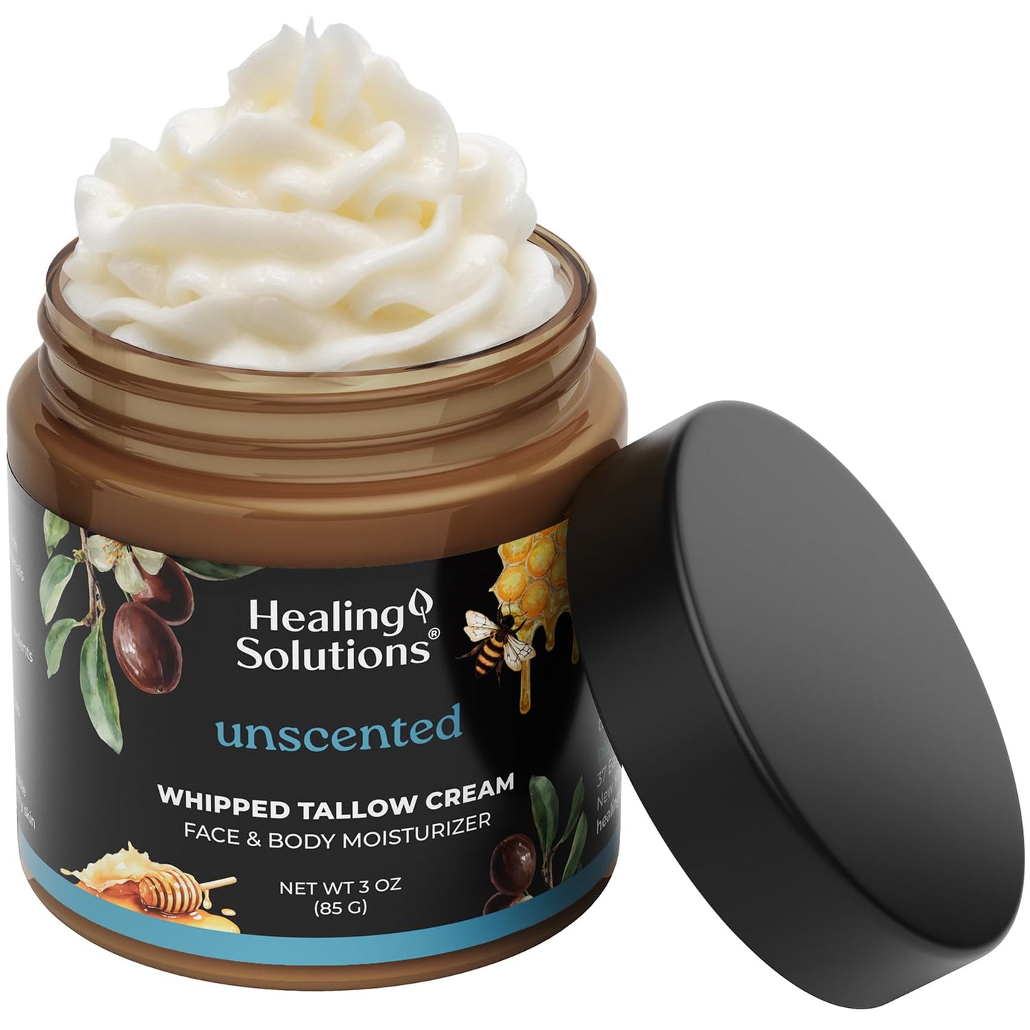 Healing Solutions - Whipped Tallow Balm, 100% Grass Fed/Grass Finished Beef Tallow with Organic Jojoba & Manuka Honey for Skin, Face & Body, All Natural Moisturizer Cream, Made in USA
