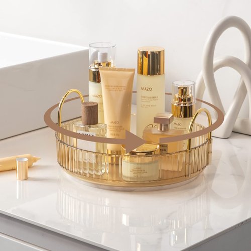 shuang qing Lazy Susan Rotating Makeup Organizer for Vanity, High-Capacity Skincare Clear Make Up Storage Perfume Organizers Cosmetic Dresser Organizer Countertop 360 Spinning（1 Tier-Gold）