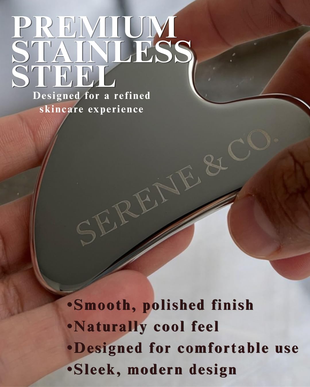 Serene & Co. Premium Stainless Steel Gua Sha & Face Roller Set – Facial Massage Tools for Skincare Routine – Cooling Metal Roller & Sculpting Gua Sha