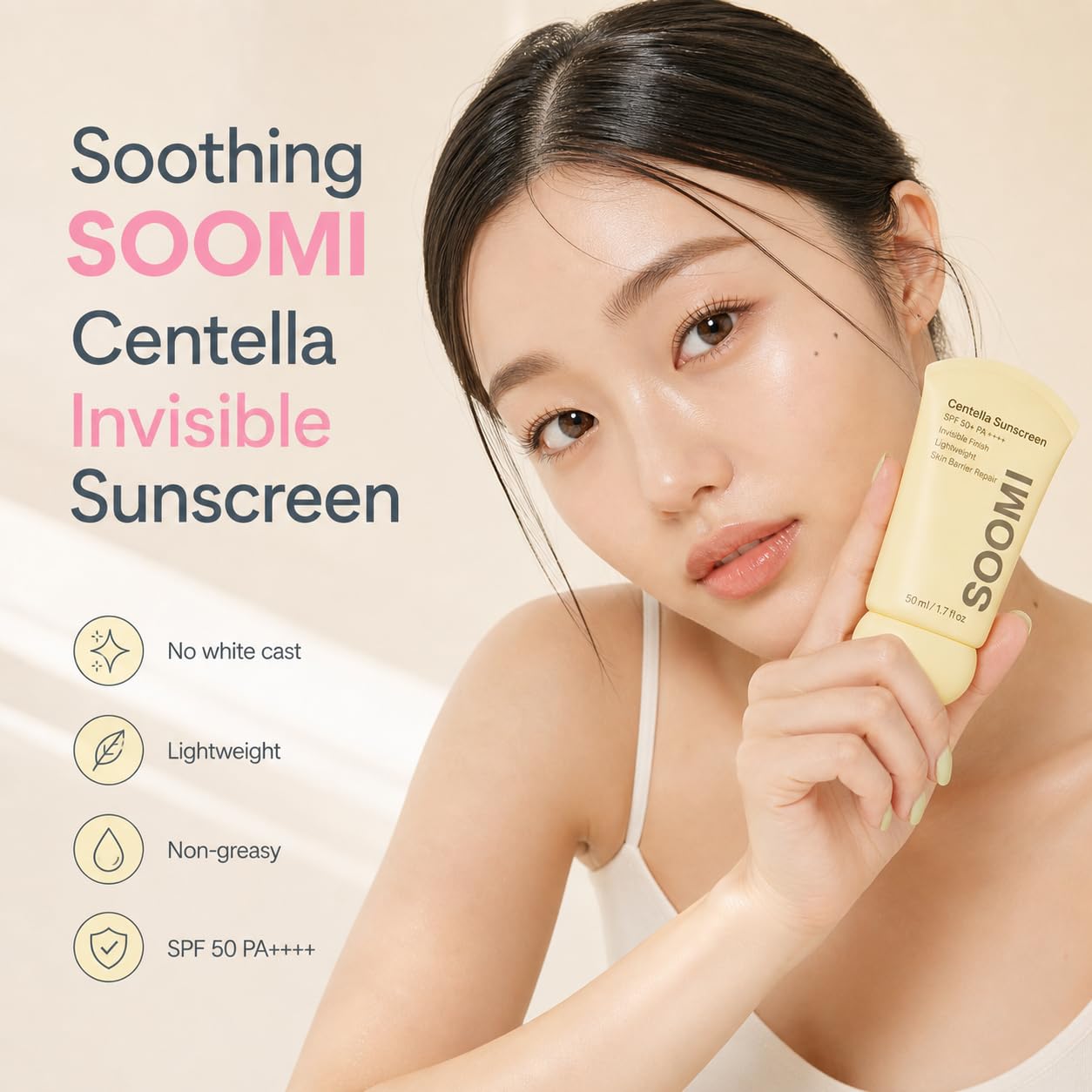 Soomi Skin Centella Sunscreen 50ml SPF 50 Centella Asiatica Korean Face Sunscreen for Sensitive Skin, No White Cast, Lightweight Hydrating Sun Protection, Skin Barrier Repair, Niacinamide