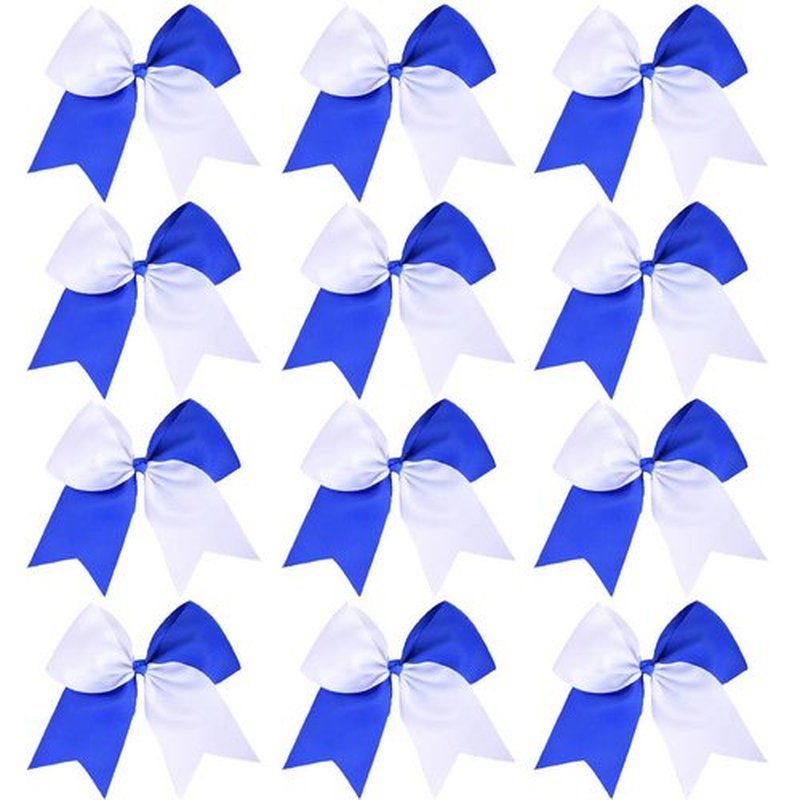DEEKA 12PCS 8" Two Toned Large Cheer Hair Bows Ponytail Holder Handmade for Teen Girls Softball Cheerleader Sports-Royal Blue/White