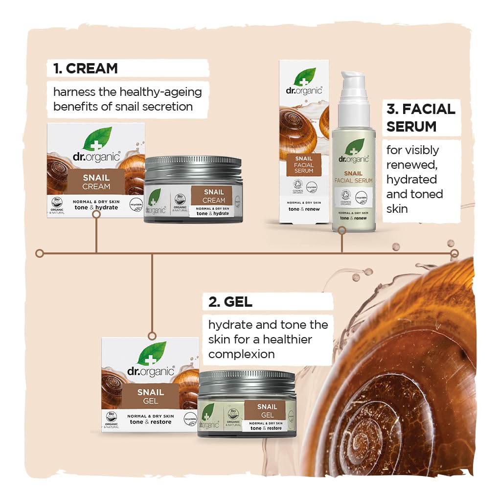 Dr. Organic Snail Gel Facial Serum | Hydrates and Restores Skin, Reduces Fine Lines, Natural, Certified Organic, Paraben & SLS-Free, 30 mL / 1 fl oz