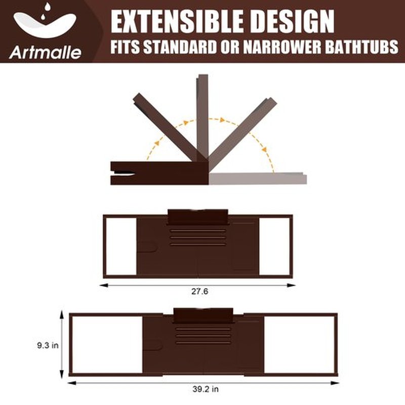 Artmalle Bathtub Tray for Tub, Expandable Bamboo Bath Caddy Tray with Book Stand for Home Spa Relaxing, Foldable Minimalist Bathroom Accessories for Women Men (Simple, Brown)