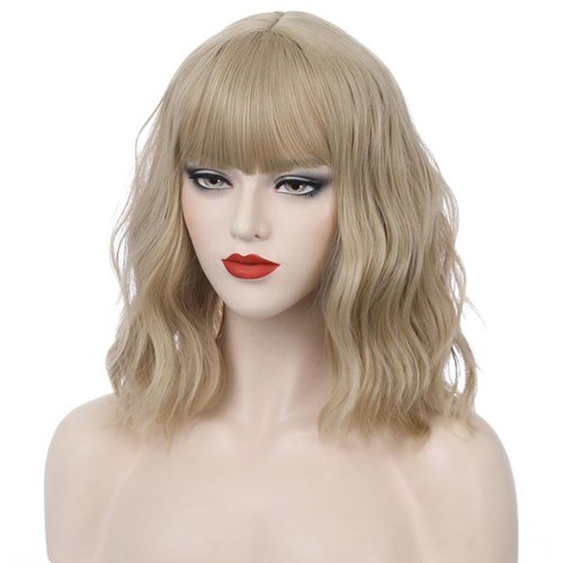 PATTNIUM Flaxen Blonde Wig Short Curly Wig Mixed Blonde Wig Flaxen Bob Wig Flaxen Wig with Bang for Women Girls Synthetic Hair Cosplay Costume Wig (Flaxen Blonde)