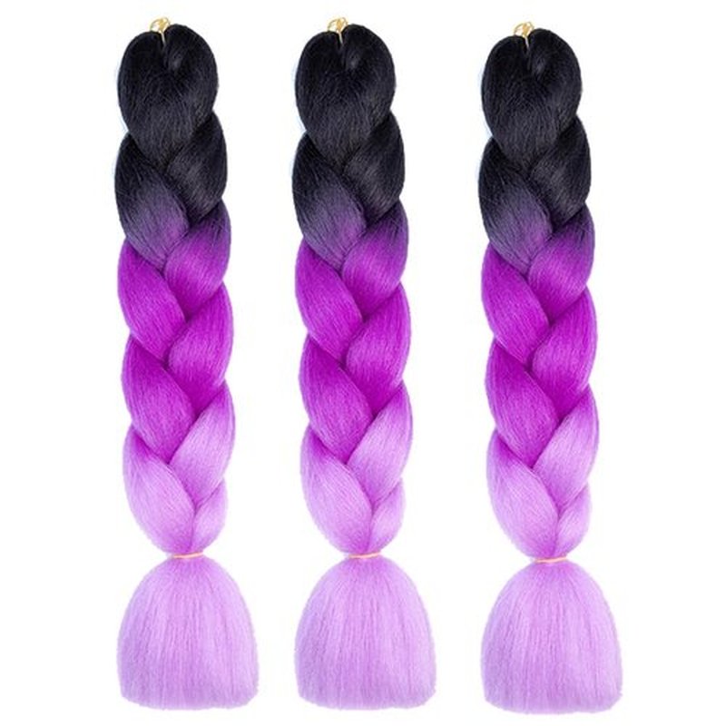 Xiaofeng Colorful Ombre Braiding Hair Extensions 24 Inch 3 Packs High Temperature Jumbo Crochet Braiding Hair for Box Twist Braids (24 Inch (Pack of 3), Black to Purple-Light purple)