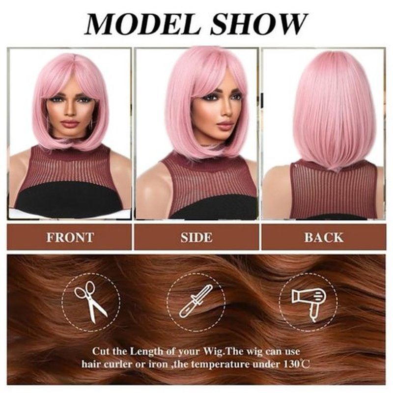 Tangyaoyusun 12Inch Black Wig with Bang Short Straight Bob Hair For Girls Women Theme Party (Pink)