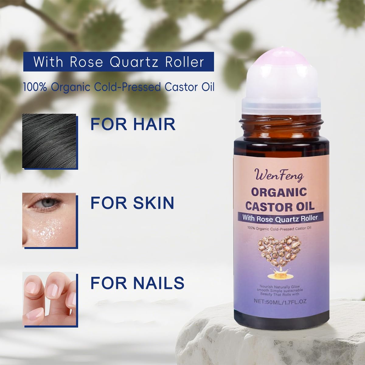 WenFeng Organic Castor Oil Roll On with Rose Quartz Roller Ball