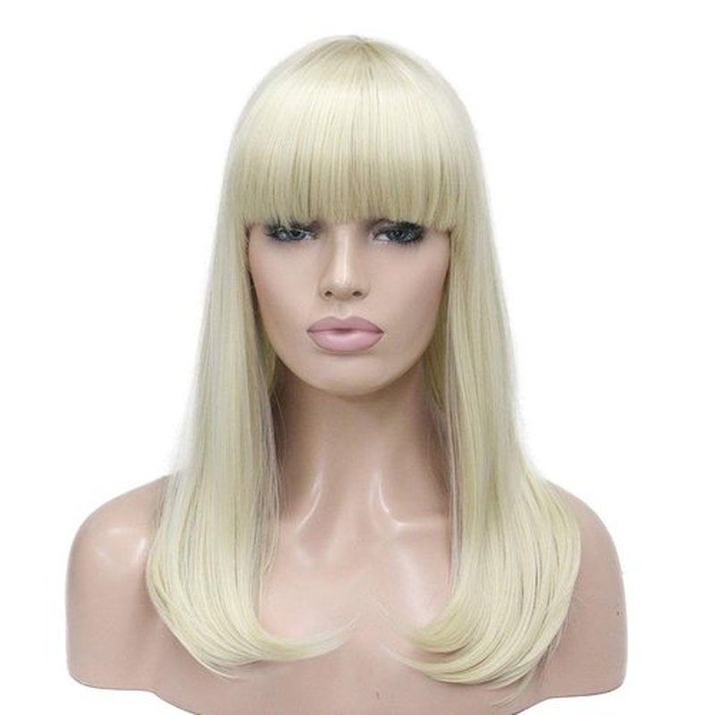 Lydell 14" Long Straight Wig Soft Heat Fiber Hair Cute Neat Bang Under Shoulder Full Wig (613 Blonde)