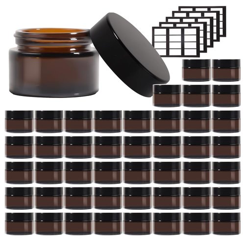 Stellacare 46 pack 1oz Glass Jars Round Empty Cosmetic Containers, Refillable Glass Jars with Lids for Face Creams, Lotions, Powders,Salves Ointments,Potravel Storage