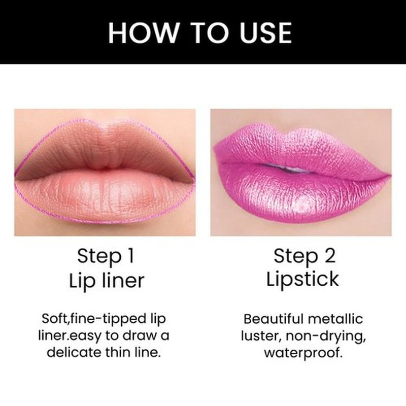 HHLTOH Vivid Fuchsia Metallic Shine Shimmer Lip Liner and Lipstick Combo Set Kit for Women, DNM Lightweight Hydrating Formula High Impact Full Coverage Lipstick and Lip Liner Makeup Stains Gloss, 19#