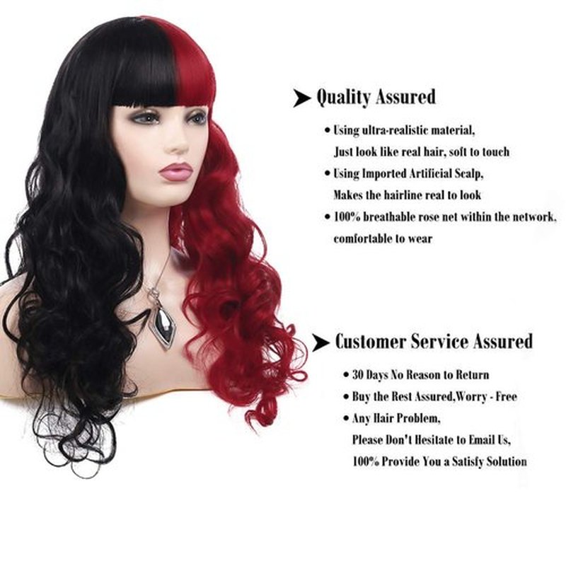 Baruisi Half Black Half Red Wig Long Curly Wavy Synthetic Heat Resistant Bangs Wig for Women