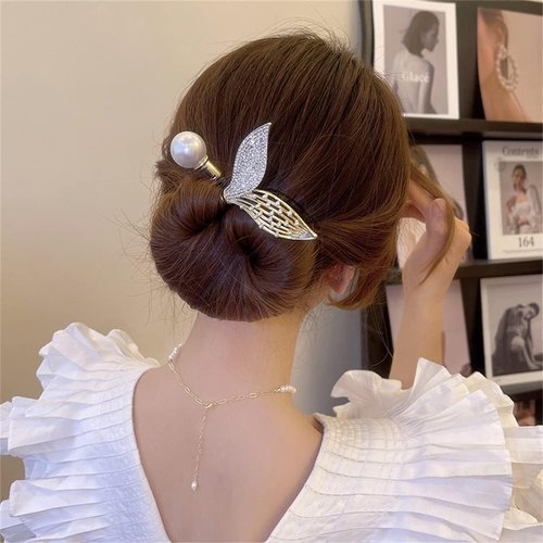 Ins Style Elegant Lazy Hair Curler, French Twist Hair Bun Maker, Lazy Flower Hairpin,Rhinestone Hand-Embroidered Flower Hair Accessory (2Pcs-Fish Tail+Pearl)