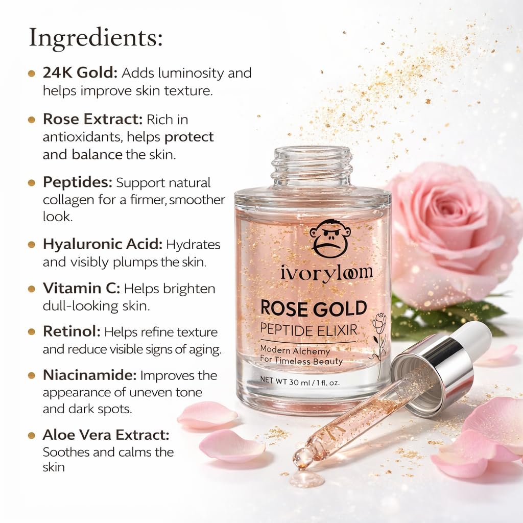 ivoryloom Rose Gold Peptide Elixir Face Serum | 24K Gold, Rose Extract, Peptides, Hyaluronic Acid, Vitamin C & Niacinamide | Luxury Hydrating Brightening Serum for Radiant Skin | 1 fl oz