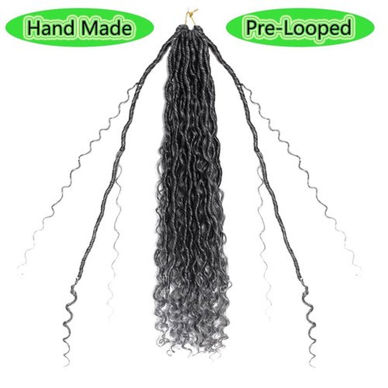 BALINGHAIR Goddess Locs Crochet Hair Ombre Black to Gray 22 Inch 3 Packs Bohemian Faux Locs Crochet Hair With Curly Ends Pre Looped Hair Extensions 16 Roots/Pack(1B/Gray)