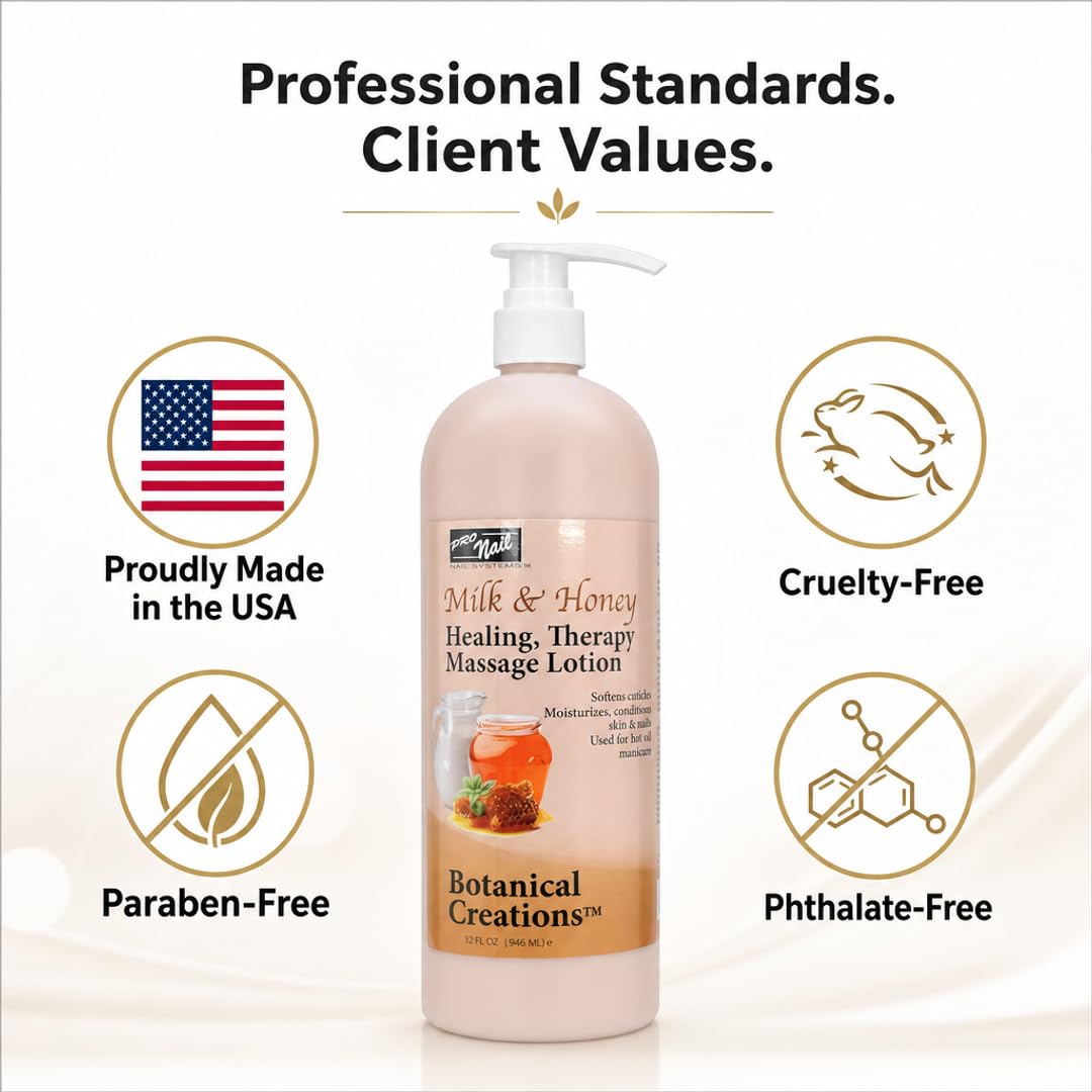 PRO NAIL - Healing Therapy Massage Lotion - Professional Pedicure, Body and Hot Oil Manicure, Infused with Natural Oils, Vitamins, Panthenol and Amino Acids (Milk and Honey, 32 Ounce)