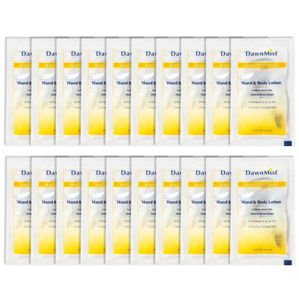 DawnMist Dukal Moisturizing Lotion - 20 Pack, Hand & Body, Aloe & Vitamin E, Coconut Fragrance, 0.35 oz Single-Use, Alcohol-Free