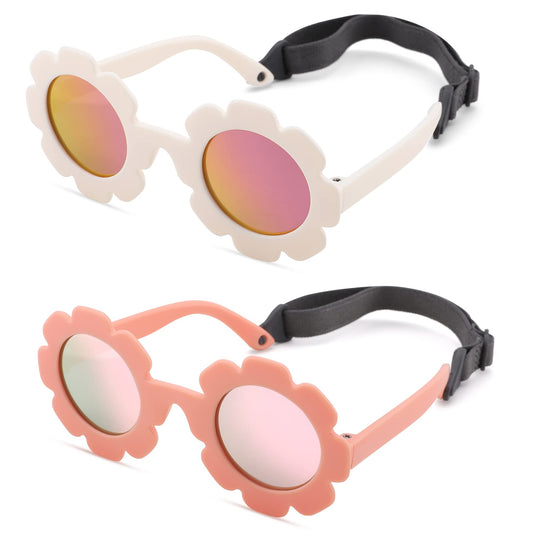 Bouryo Flexible Baby Polarized Flower Sunglasses with Strap Bendable Frame for Infant Boys Girls Ages 0-24 Months (B3 White/Purple Red Mirror + Pink/Pink Mirror)