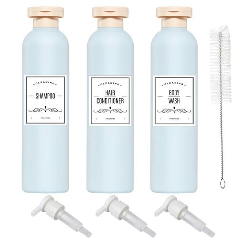 Qeuly Squeeze Bottles with Pump Dispenser and Flip Cap, 8.8 oz Refillable Travel Containers for Toiletries, Plastic Travel Shampoo and Conditioner Bottles (Blue 260)