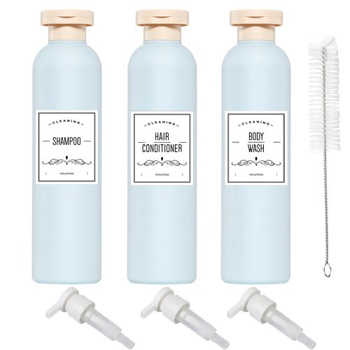 Qeuly Squeeze Bottles with Pump Dispenser and Flip Cap, 8.8 oz Refillable Travel Containers for Toiletries, Plastic Travel Shampoo and Conditioner Bottles (Blue 260)