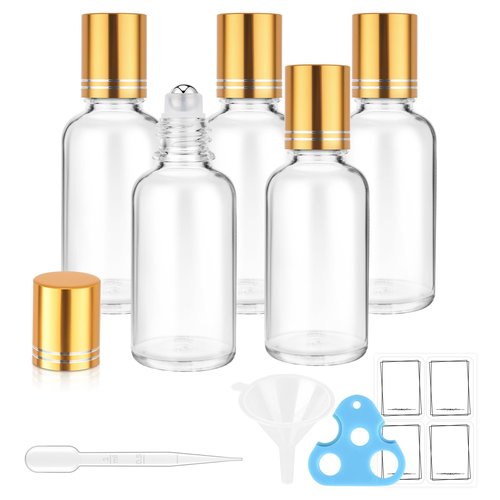 bofessor 30ml Glass Roller Bottles 5-Pack, Refillable Roll-On Bottles for Essential Oils, Perfume, and DIY Blends with Stainless Steel Rollers-Clear