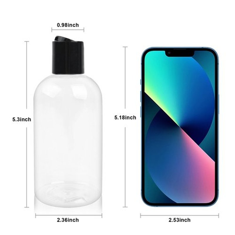 6 Pack 8 oz Empty Plastic Bottles with Black Disc Caps Reusable Clear Leak-Proof Travel Squeeze Containers for Shampoo Conditioner Toiletries Liquid Soap