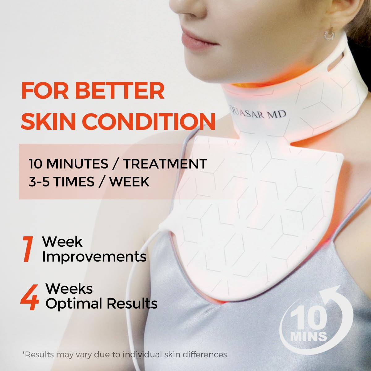 Quasar MD Neck & Décolleté Firming Beauty Device – LED Light Therapy Skin Tone and Texture Enhancement, 630nm and 830nm Dual Wavelengths Emission LED Device, Liquid Silicone