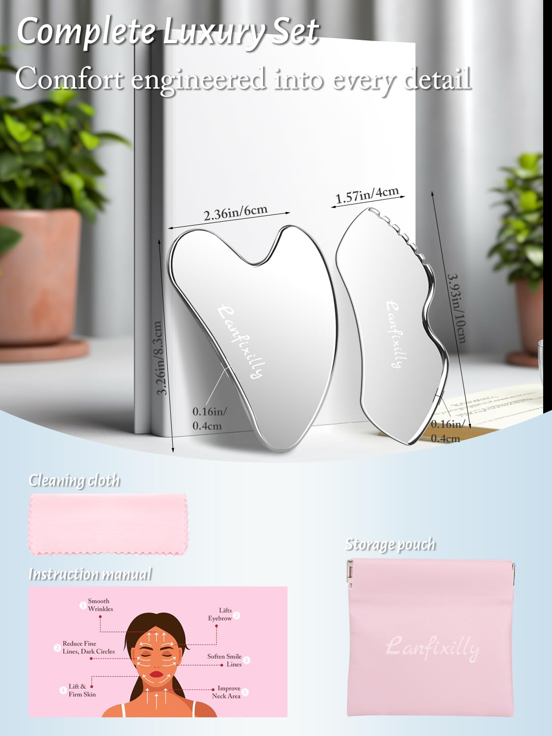 Lanfixilly 2Pcs Stainless Steel Gua Sha, Gua Sha Facial Tools for Face Sculpting, Metal Gua Sha Skin Care, Massage Gift for Women