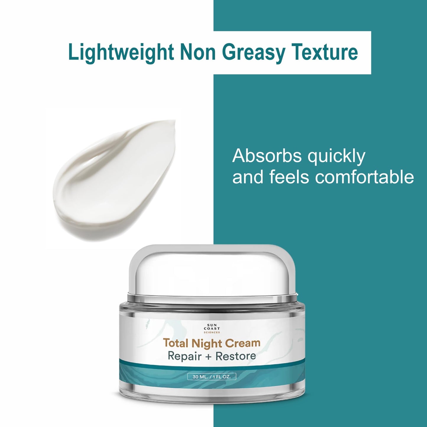 SUN COAST SCIENCES - Total Night Cream, Night Face Cream for All Skin Types, Night Face Moisturizer with Vitamin C, Niacinamide and Peptides, by Dr. Mark Rosenberg - 1 fl oz