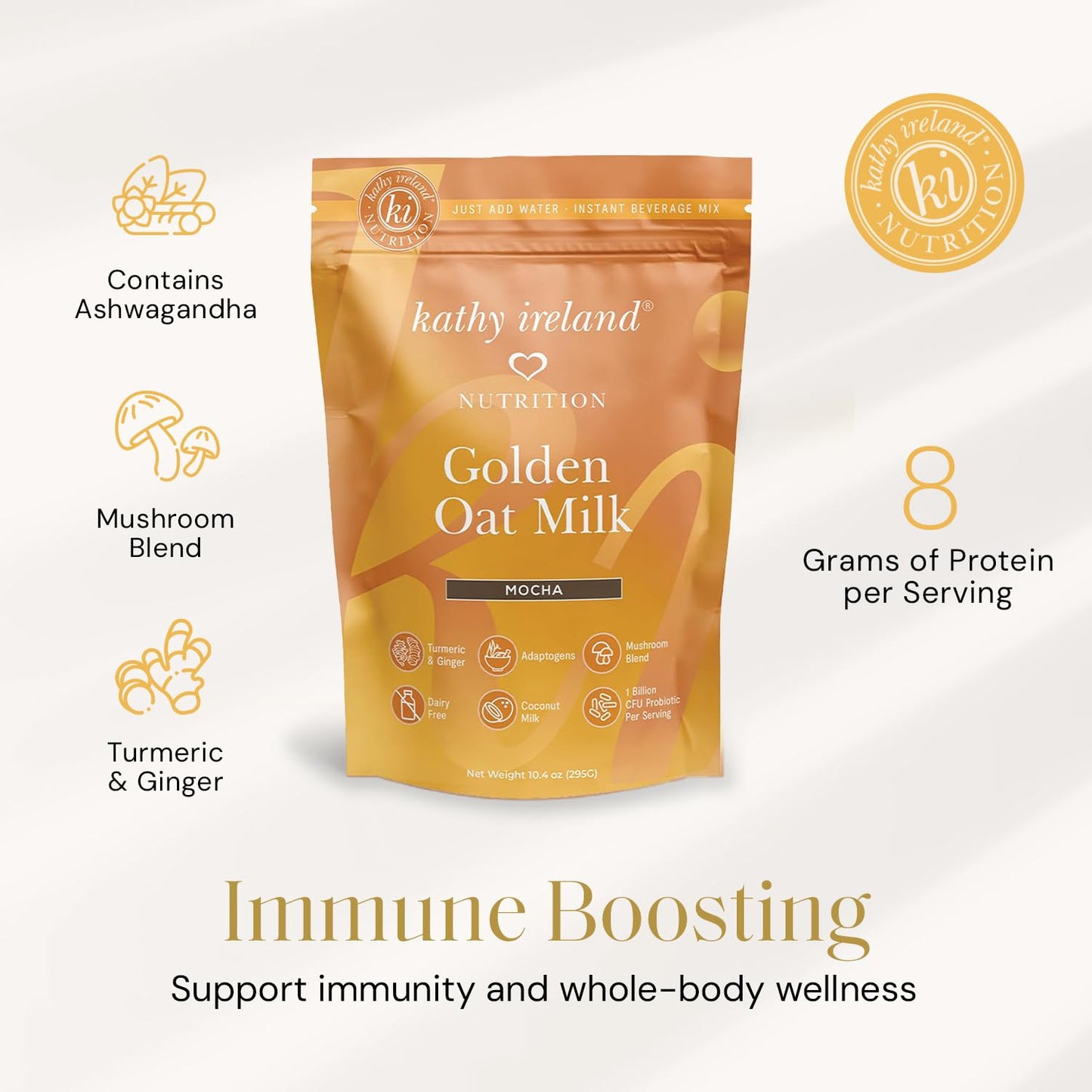 kathy ireland Oat Milk Powder, Plant-Based Golden Milk, Instant Beverage Mix with Mocha Flavor, Adaptogens, Mushrooms, Turmeric & Probiotics, Dairy-Free, 10.4 oz