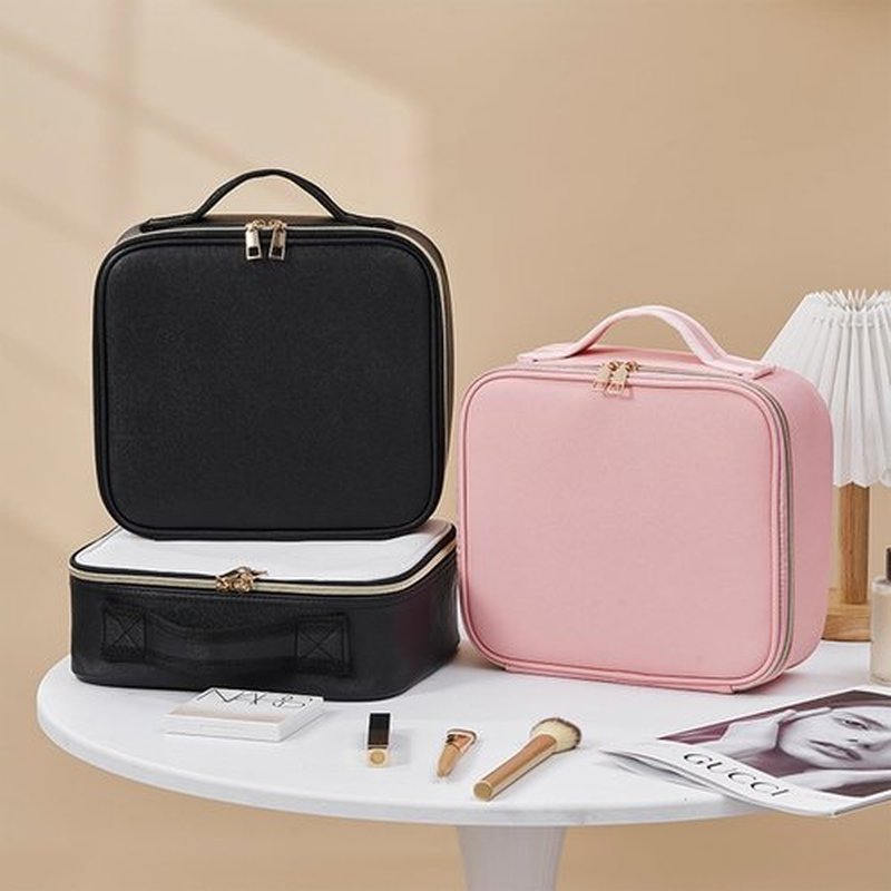 JXAUDEKK Large Capacity Travel Makeup Train Case with LED Mirror,Rechargeable LED Light for Makeup Cosmetic Case with Brushes Storage Organizer,Travel Box Cosmetic Bag for Women (white)