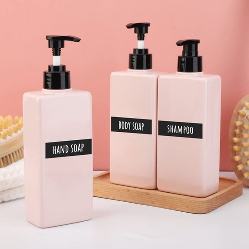 Segbeauty Soap Dispenser Bottle, 3pcs 13.5oz Refillable Pump Shower Bottle with Labels, 400ml Empty Plastic Press Lotion Dispenser Containers for Bathroom Hotel Shampoo Conditioner Body Soap Pink