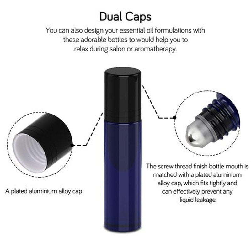 PrettyCare Roller Bottles For Oils 10 ml (Blue Glass, 6 Pack, 1 Extra Stainless Steel Balls, 12 Labels, 1 Opener, 1 Funnels Essential Oil Roller Bottles, Roller on Bottles