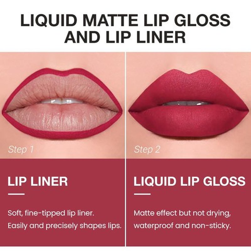 JUAAZIN 2pcs Vivid Burgundy Matte Lip Liner and Lipstick Makeup Set, Vegan Lipstick Lip Liner and Gloss Set Lip Stain Long Lasting Waterproof Smudge-Proof Properties Non-stick Cup(Vivid Burgundy 07#)