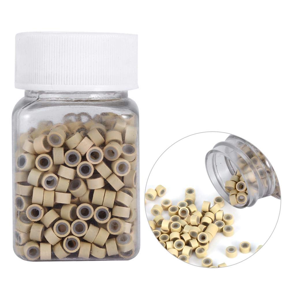 Silicone Micro Link Rings, 1 Bottle/Set 500Pcs 5mm Lined Beads Bead Extension Tool Silicone Lined Micro Beads 5 Colors Optional Silicone Lined Links Beads Linkies for Hair Extensions (Blonde)