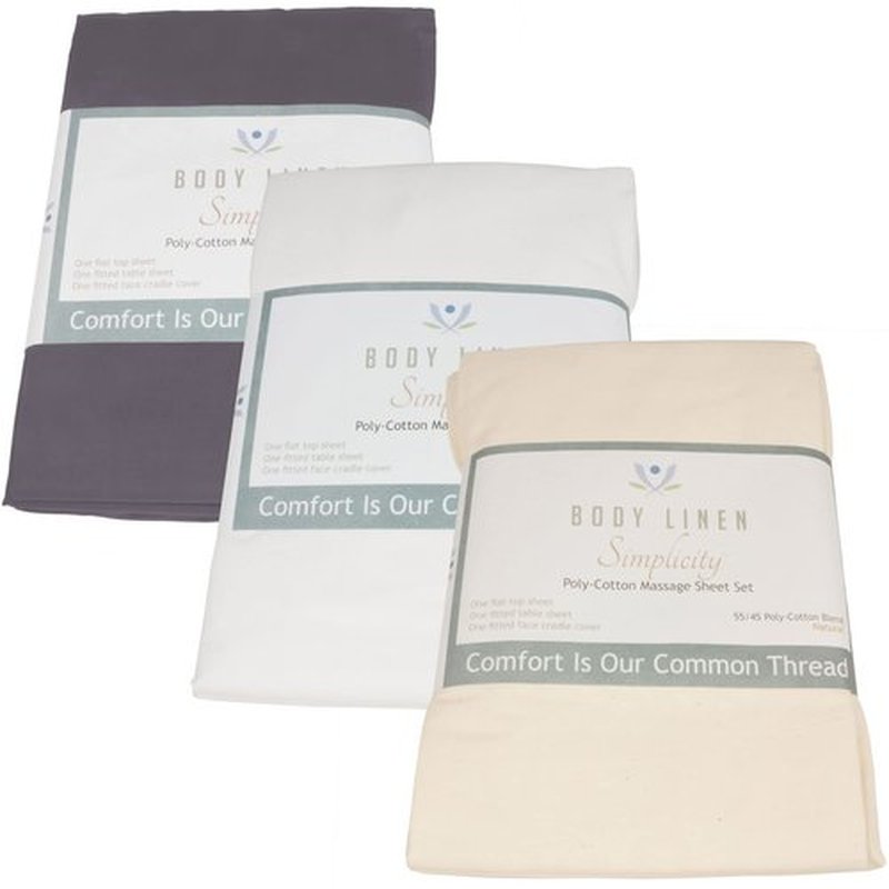 Massage Table Poly-Cotton Sheet Sets by Body Linen. - 3 Piece Set includes Flat & Flat Sheets and a Face Rest Cover. Super Soft and Durable for Professional Use (Natural) - 10 Pack