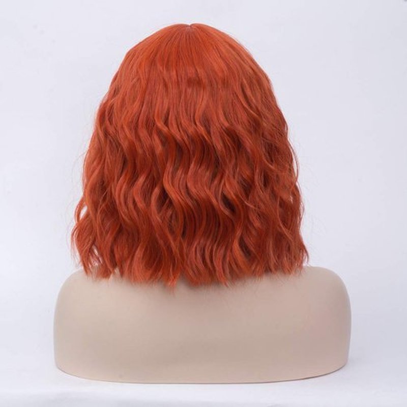 BUFASHION 14" Women Short Wavy Curly Wig Orange Bob Wig Cosplay Halloween Synthetic Wigs Wigs With Neat Bang Wig With Free Wig Cap (Orange 1)