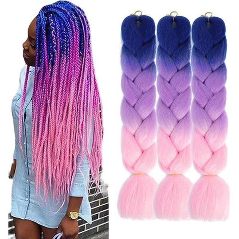 Jumbo Braiding Hair Fiber Mix Four Silky Colorful Twist Braiding Hair 3pcs Rainbow Colors Extensions Synthetic Hair Lake-Blue-Light Purple-Pink Synthetic Fiber Soft Healthy (24 Inch 3pcs)