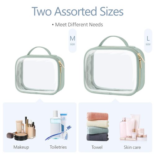 PACKISM TSA Approved Toiletry Bag, 2 Pack Clear Makeup Bags with Handle Large Opening, Clear Toiletry Bags Fit Carry-on Travel Essential, Clear Travel Bags for Toiletries, Laurel Green